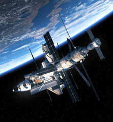 Fototapeta na wymiar Space Shuttle And Space Station Orbiting Earth