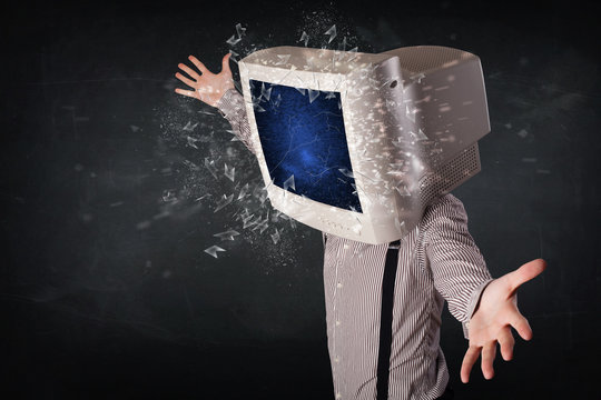 Computer monitor screen exploding on a young persons head