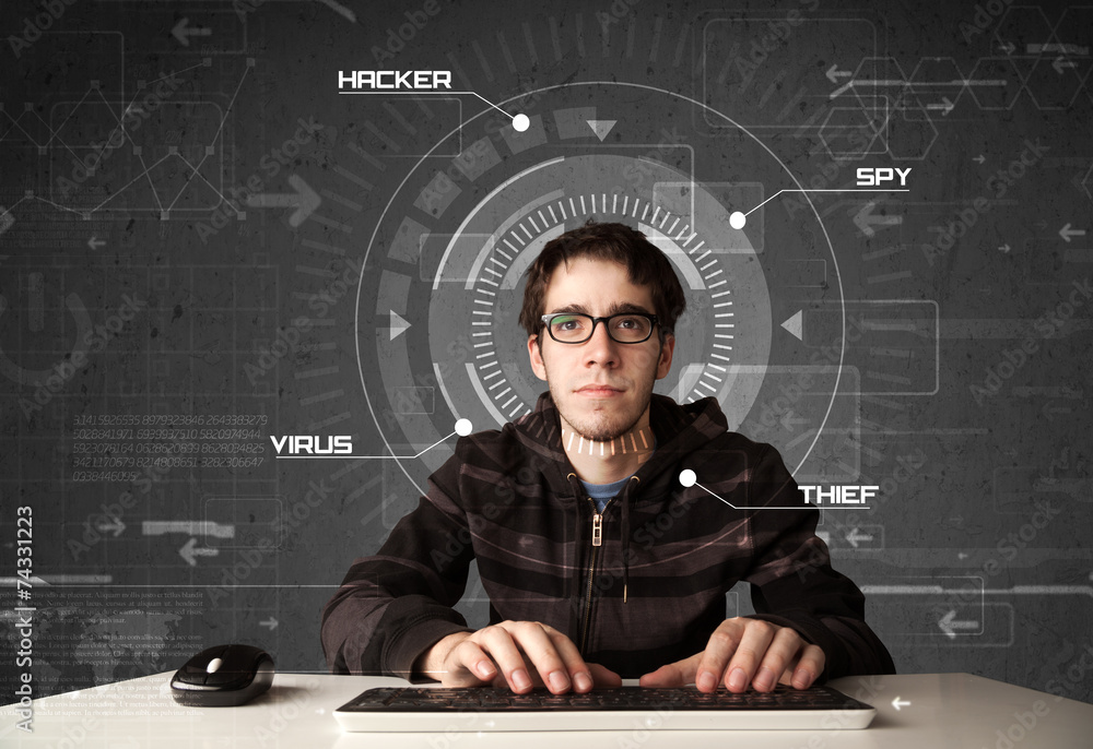 Poster young hacker in futuristic enviroment hacking personal informati
