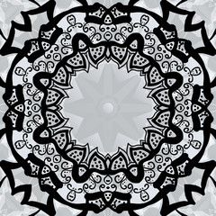 Black stylized frame over symmetry gray wallpaper.