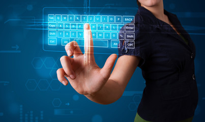 Girl pressing virtual type of keyboard