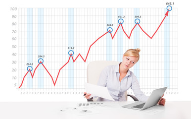 Young businesswoman calculating stock market with rising graph i