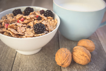 Milk and muesli with berries