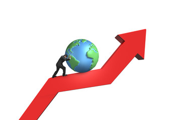 businessman push 3d globe upward on red trend line