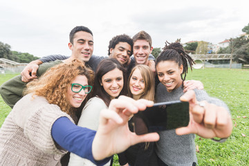 Multiethnic Group of Friends Taking Selfie at Park