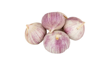 several heads of garlic on a white background