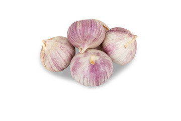 several heads of garlic on a white background