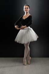 Fototapeta na wymiar Young Ballerina Dancer In Tutu Performing On Pointes