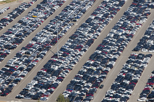Aerial view of parking new cars