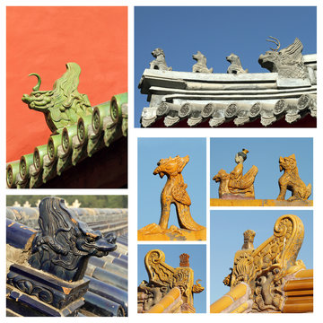 collage made of images with ancient roof decorations, Beijing