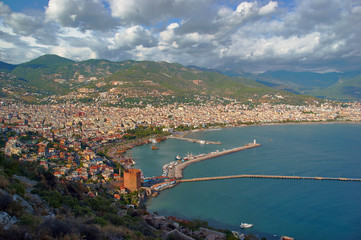 View of the harbor and the city of Alanya in Turkey.