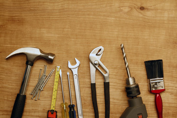 Carpentry work tools on wood. Copy space