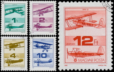 Stamps printed in Hungary shows Old Airplanes
