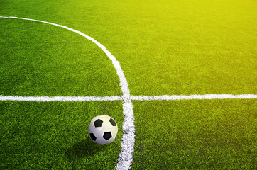 Fototapeta na wymiar Soccer grass field with marking and ball, Sport