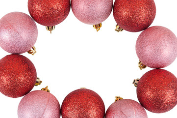 Frame made of red and pink christmas baubles