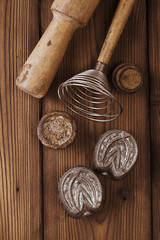 retro kitchen cookies jelly mould utensils tools on old wooden t
