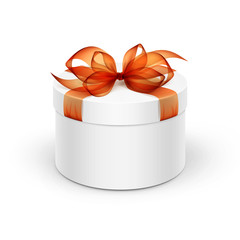 White Round Gift Box with Orange Ribbon and Bow