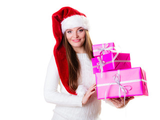 Woman santa helper hat with many pink gift boxes
