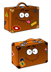 Brown travel briefcases with smiling face
