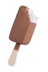 An chocolate vanilla ice cream partly eaten.