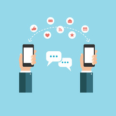 hand holding smart phone with speech bubbles and icons set