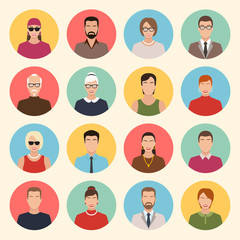 male and female character faces avatars in flat style
