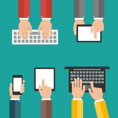 hand holding and touching keyboard, laptop, smart phone, tablet