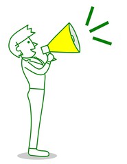 メガホンで叫ぶ男性