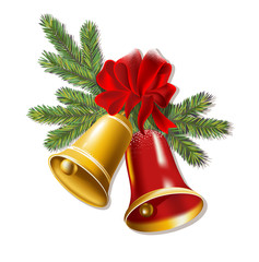 Jingle bells with red bow on a white background.
