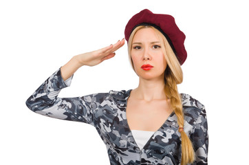 Woman soldier isolated on white