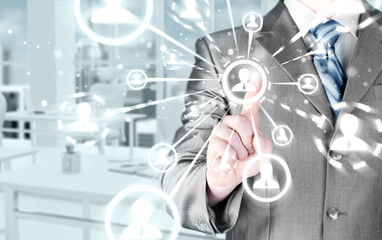 man hand pressing social media icon