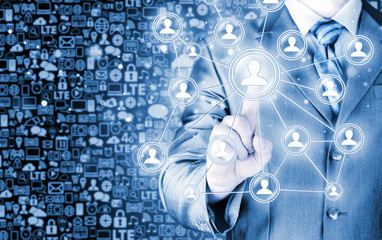 man hand pressing social media icon