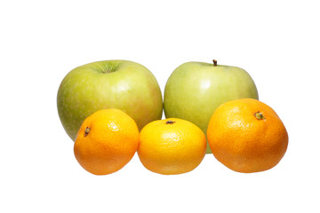 Fruits. Two apples and tree mandarin.