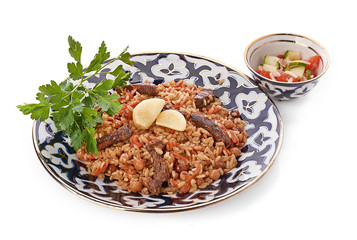 Oriental shah pilaf, pilaw, plov, rice with meat in pastry filo