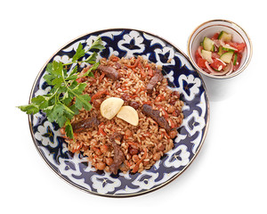Oriental shah pilaf, pilaw, plov, rice with meat in pastry filo
