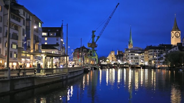 River Limmat  in the centre of Zurich in the evening
