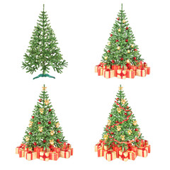 Decorated christmas trees set isolated on white