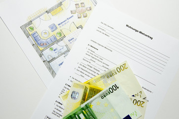 Mietvertrag mit Grundriss und Euros