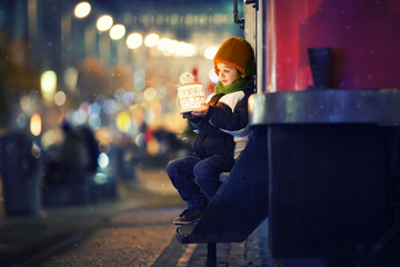 Cute boy, holding lantern outdoor