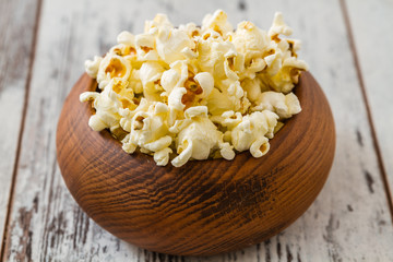 Popcorn in Wooden Bowl