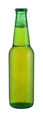 Bottle of beer with drops isolated on white background.