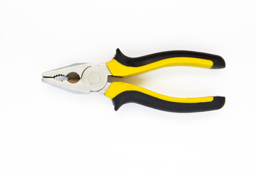 Pliers black and yellow tool on white background