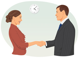 Businessman and businesswoman shaking hands the in office
