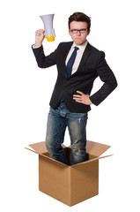 Man with loudspeaker in the box