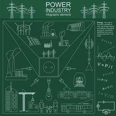 Power energy industry infographic, electric systems, set element