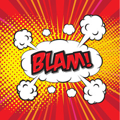 BLAM! wording in comic speech bubble in pop art style