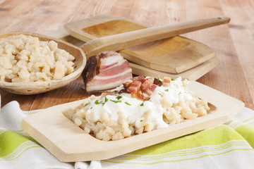 Traditional slovak eating, bryndzove halusky.
