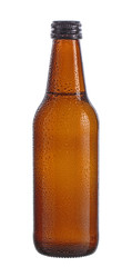 brown Bottle of beer with drops isolated on white background.