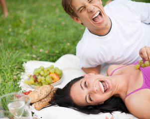 Glückliches junges Paar beim Picknick, lachend