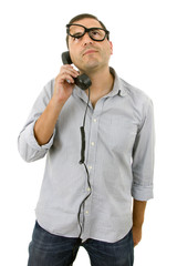 young man with a phone and glasses, isolated on white